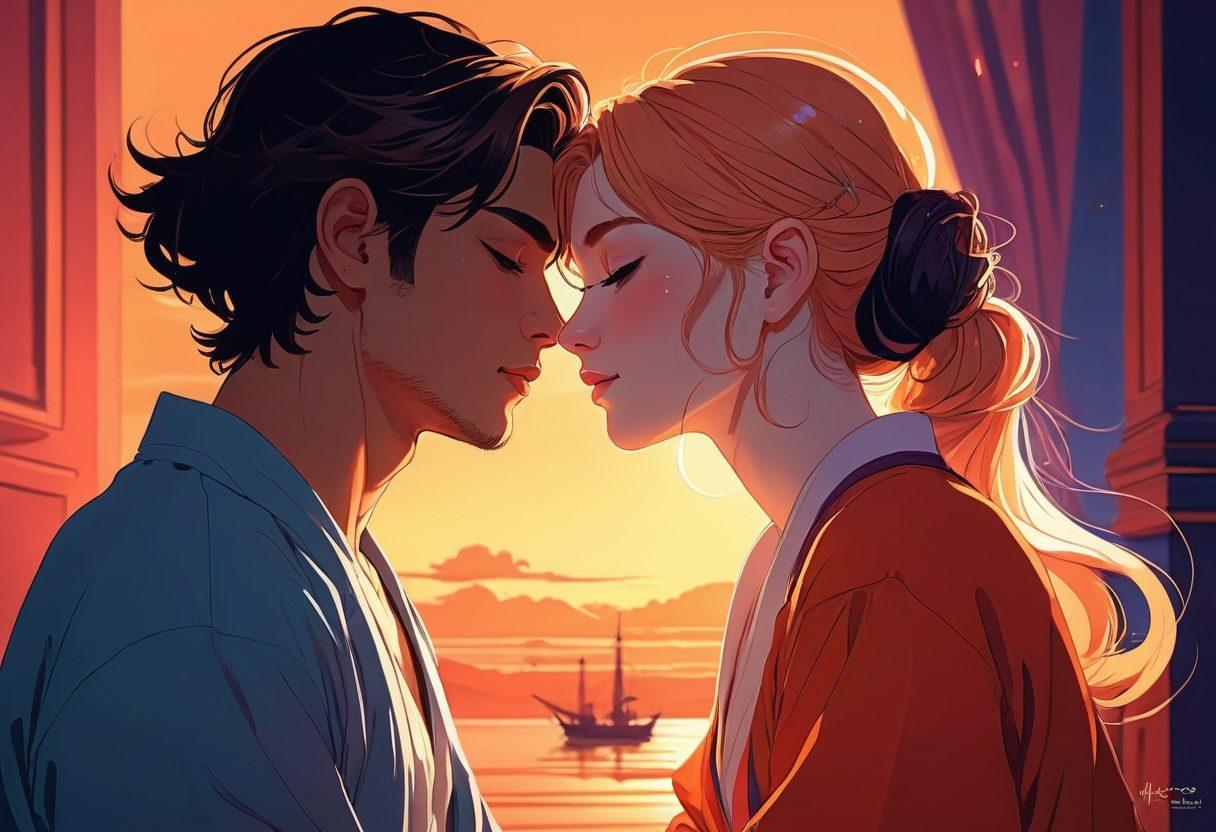 A visually captivating scene depicting two characters in a stolen moment of intimacy, set against a backdrop of a vibrant, fantastical anime world. Subtle, suggestive elements and a moody, atmospheric glow enhance the NSFW themes without explicit content. Incorporate intricate character designs, expressive faces, and delicate body language that conveys connection and passion. Emphasize depth and emotion, drawing the viewer into their tender interaction. vector art. vibrant colors.