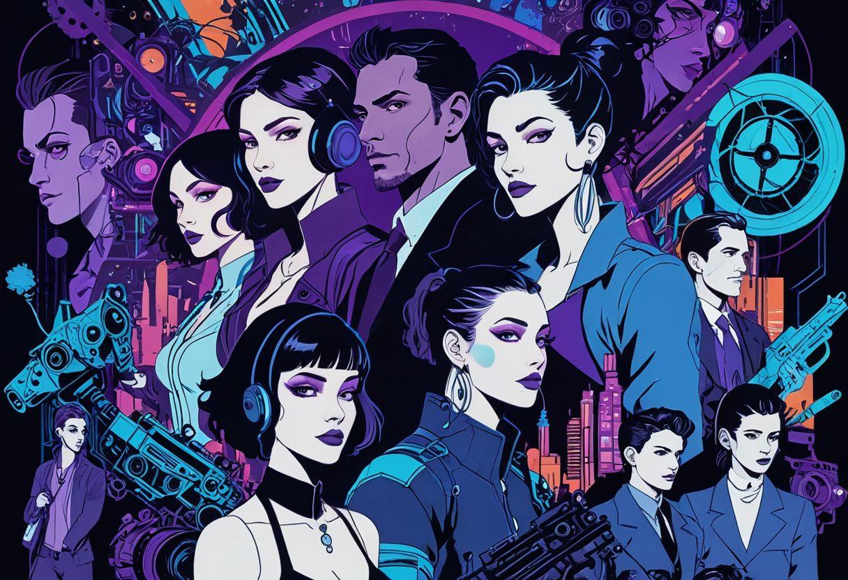 A captivating collage of adult animation elements featuring vibrant, stylized character designs, incorporating scenes of playful intimacy and avant-garde risque art. The background should blend shades of deep purples and blues, enhancing the allure and mystique of the genre. Include symbolic motifs like film reels and artistic brushes to emphasize creativity. The overall tone should evoke curiosity and passion for adult animation. vivid illustrations. cyberpunk. vibrant colors.